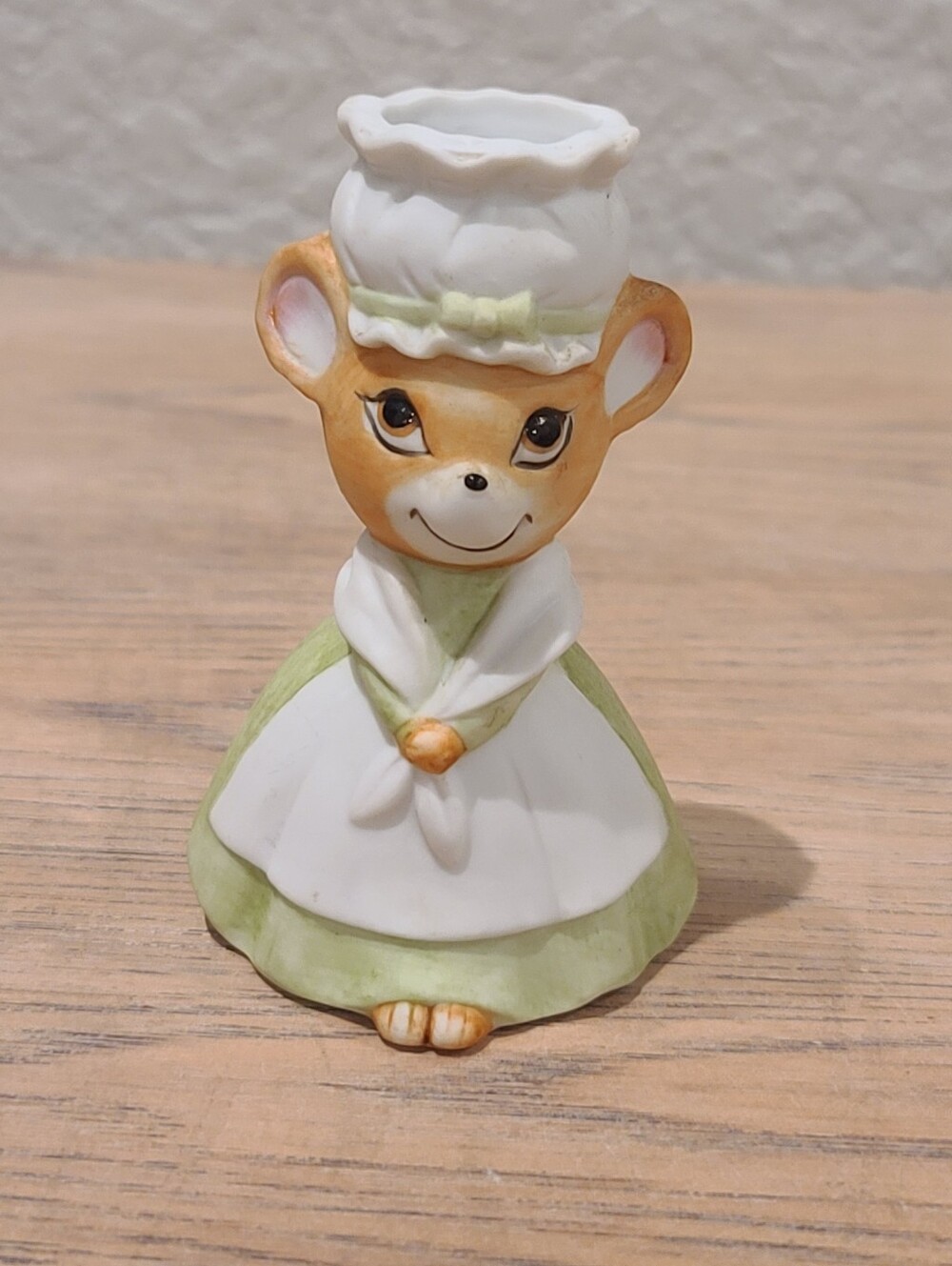 Vintage Lefton Porcelain Mouse In Green Dress Pin Cushion & Thimble Holder #2326